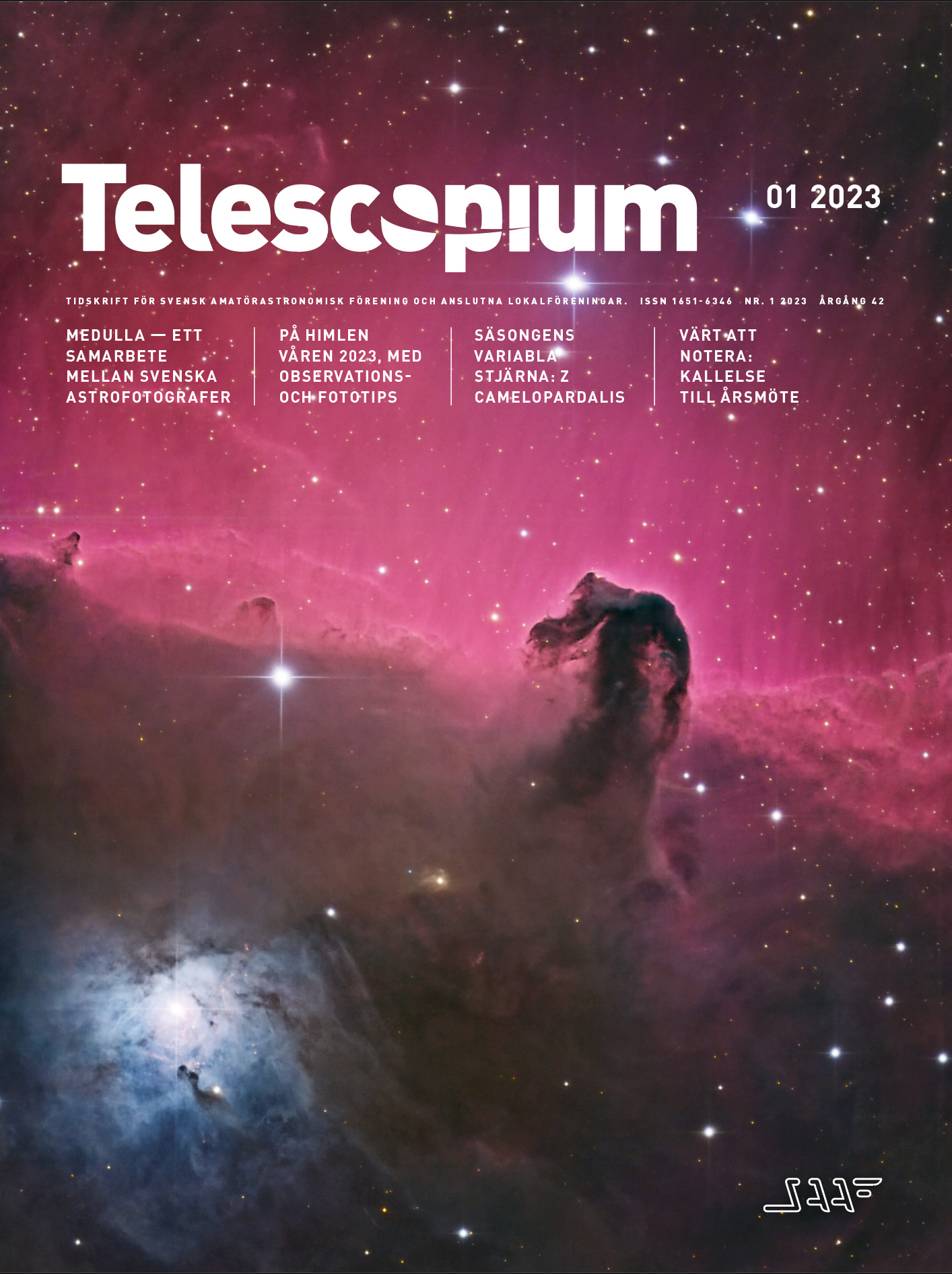 Framsidan på Telescopium nummer 1 2023, som visar hästhuvudnebulosan.